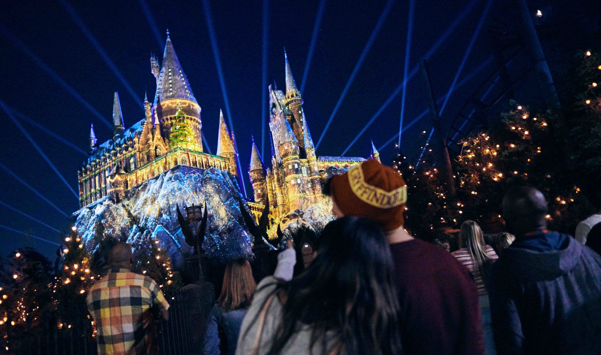 hogwarts castle with christmas projections